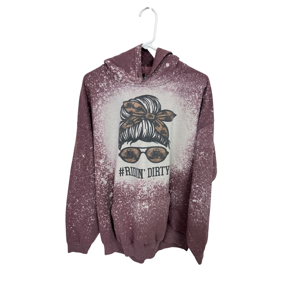 Gildan Ridin Dirty Messy Bun Bleached Hoodie XL Oversize Maroon Sweatshirt